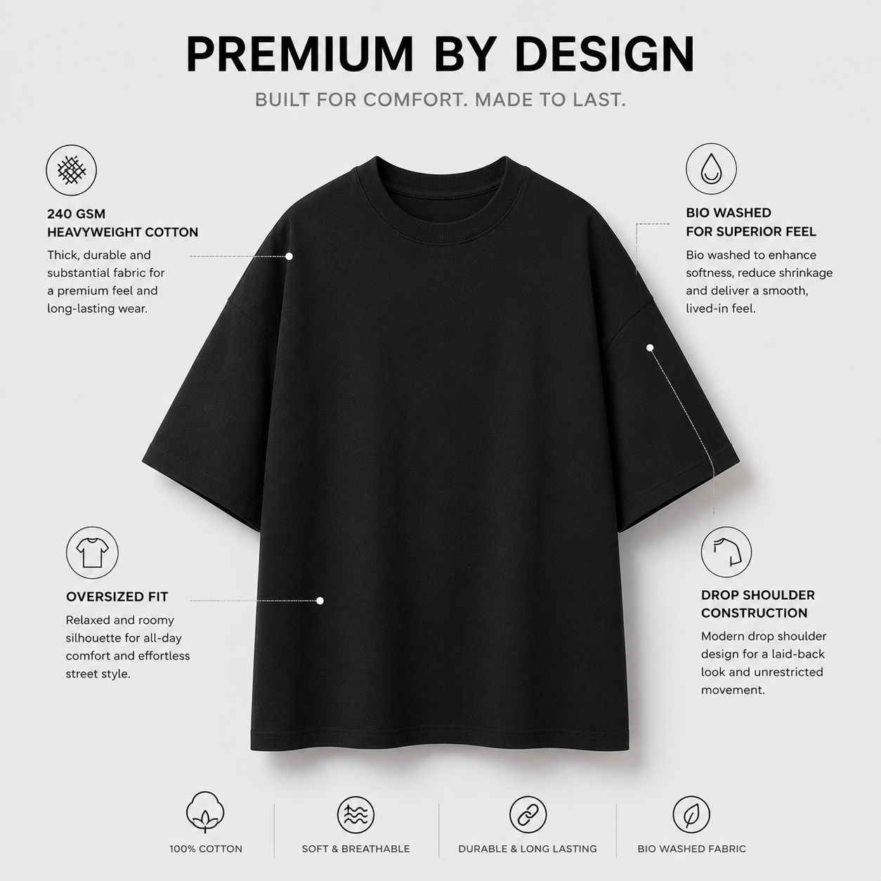 Midnight Black Oversized Drop Shoulder T-Shirt