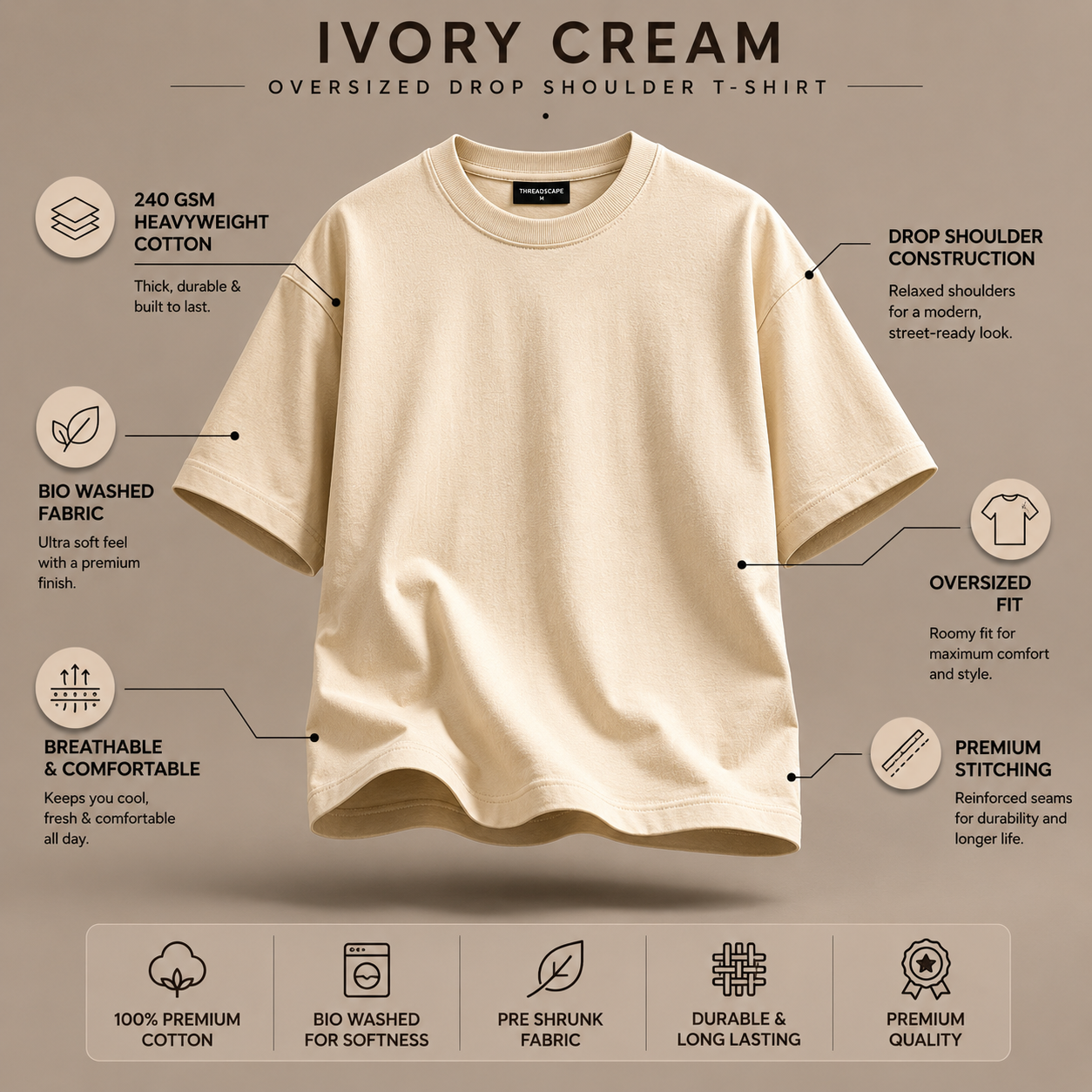 Ivory Cream Oversized Drop Shoulder T-Shirt