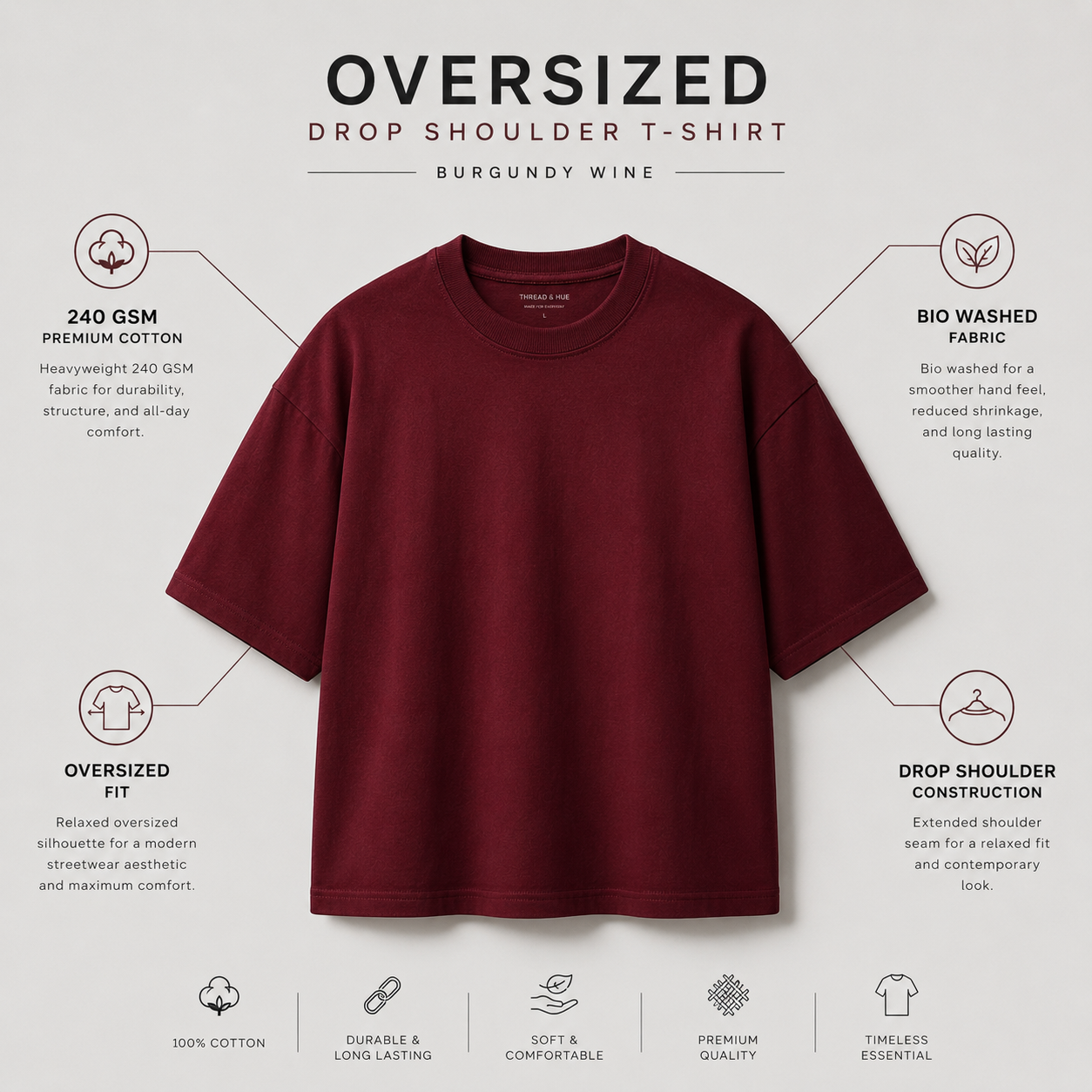 Burgundy Wine Oversized Drop Shoulder T-Shirt