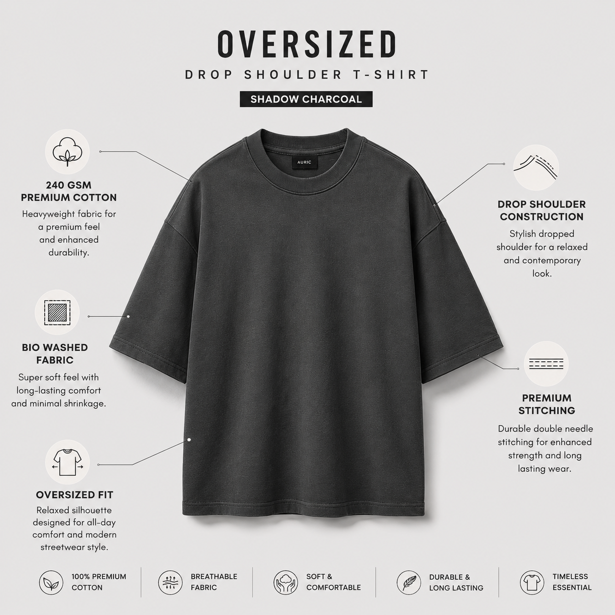 Shadow Charcoal Oversized Drop Shoulder T-Shirt